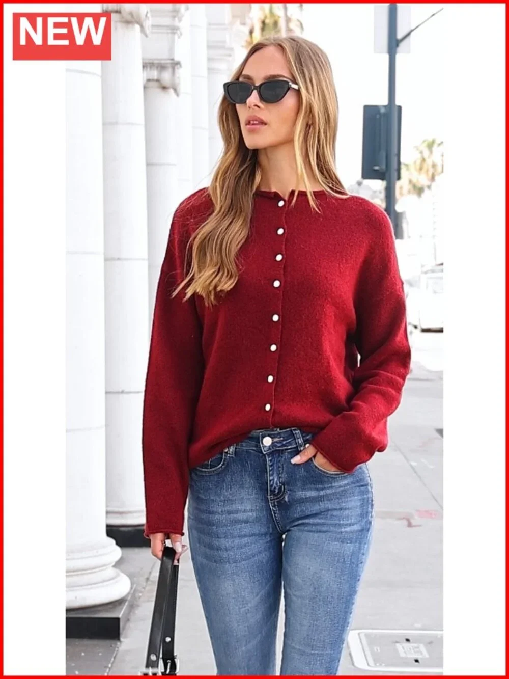 Oversized Button Up Knit Cardigan Crew Neck Long Sleeve Fall Sweater